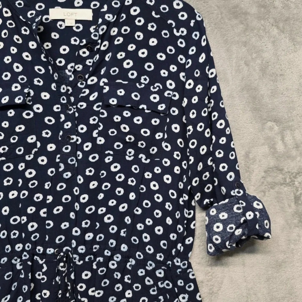 LOFT Blue White Dot Shirt Dress Small Lined Pockets Drawstring Waist - Picture 4 of 15